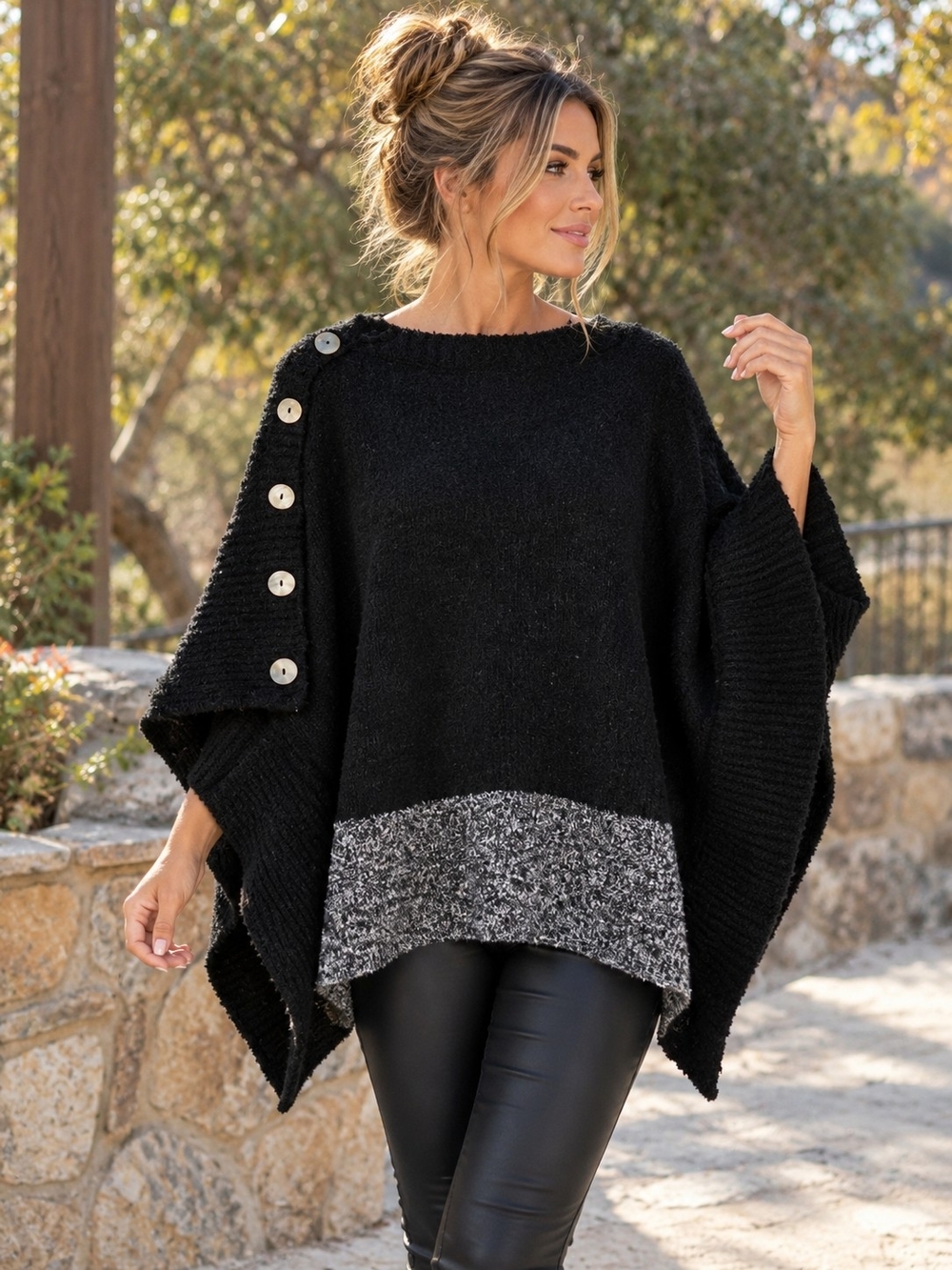 NWT Island Tribe Knits Black Gray Oversized Poncho Sweater Button Detail OS